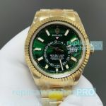 Swiss copy yellow gold Rolex Sky-Dweller 2nd time zone green dial watch 42mm 